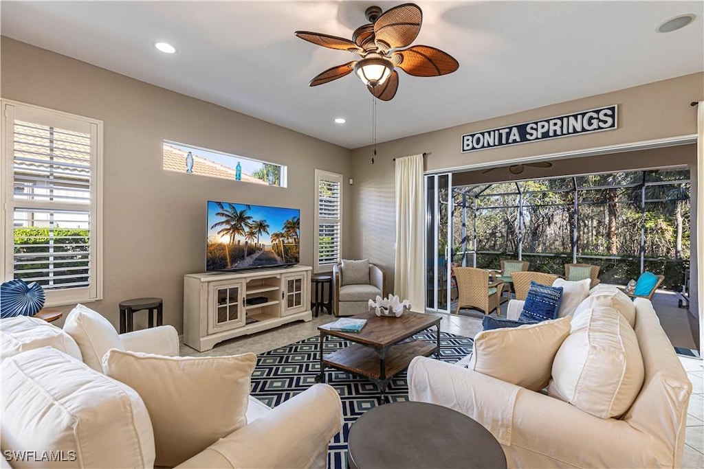 living room featuring ceiling fan