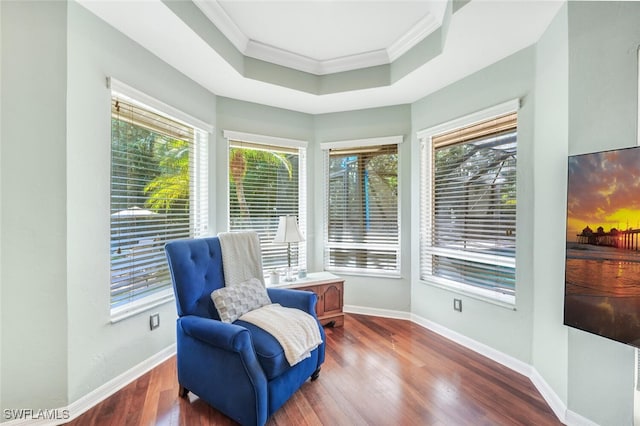 sitting room featuring ornamental molding, dark hardwood / wood-style flooring, a raised ceiling, and a wealth of natural light