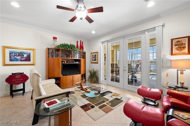 living room featuring ornamental molding and french doors