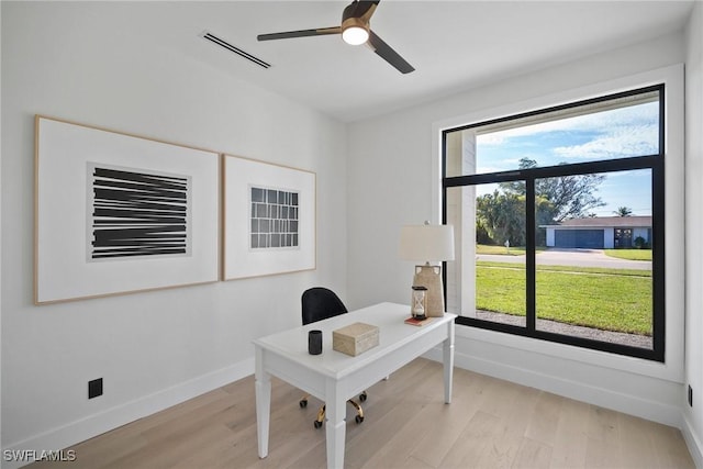 office space featuring a wealth of natural light, ceiling fan, and light wood-type flooring