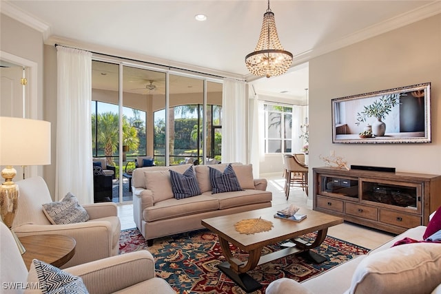 tiled living room with an inviting chandelier and ornamental molding