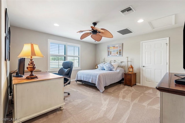 carpeted bedroom featuring ceiling fan