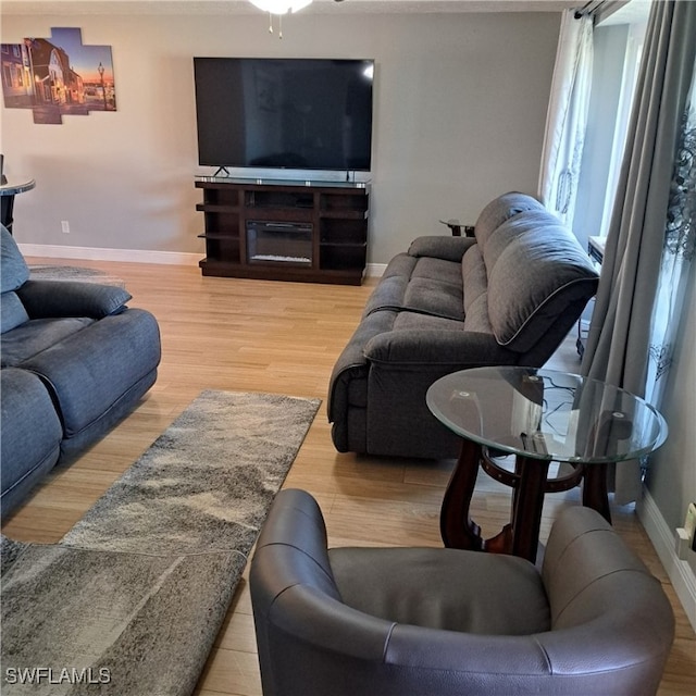 living area featuring baseboards and wood finished floors