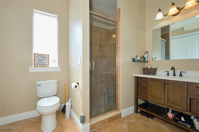 bathroom with walk in shower, tile patterned floors, and toilet