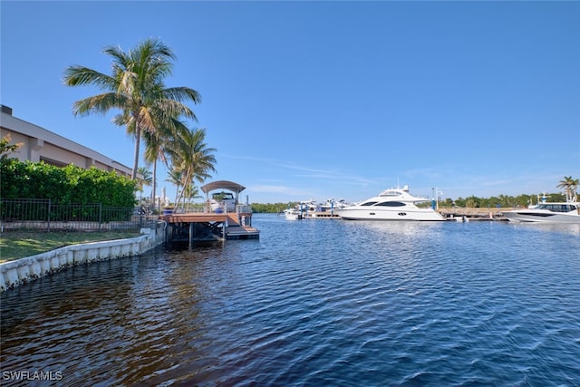 view of water feature with a dock