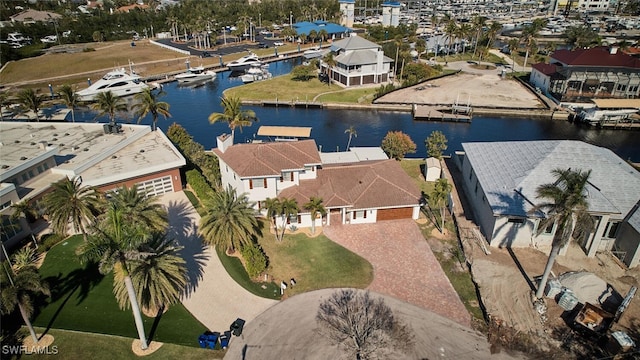 bird's eye view with a water view