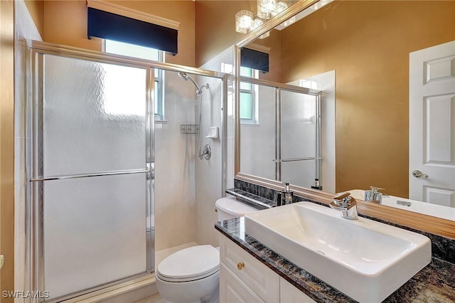 bathroom with vanity, toilet, and walk in shower