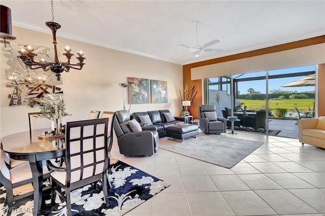 living room featuring ornamental molding, ceiling fan with notable chandelier, and light tile patterned floors