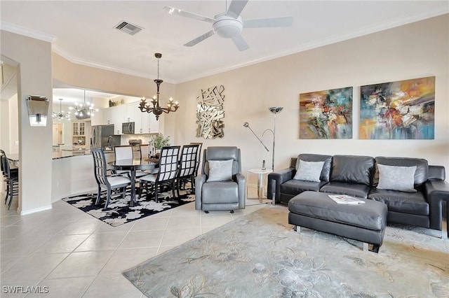 tiled living room featuring crown molding and ceiling fan with notable chandelier