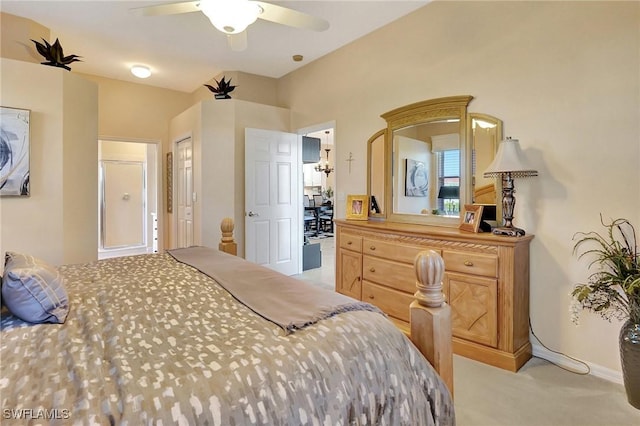 bedroom with light carpet and ceiling fan