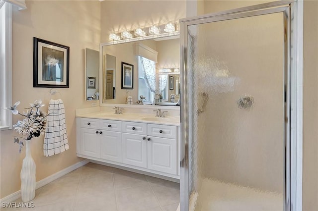 bathroom with tile patterned flooring, vanity, and a shower with shower door