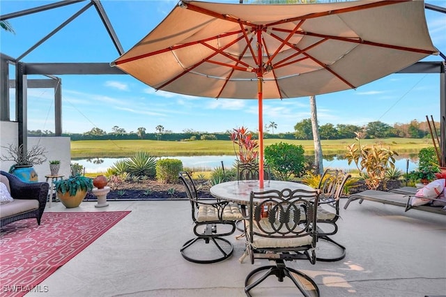 view of patio featuring a water view