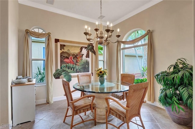 tiled dining area featuring ornamental molding and a notable chandelier