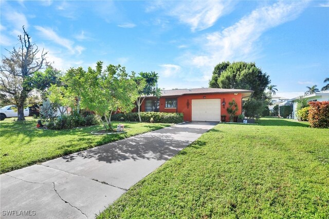 ranch-style home featuring a garage and a front lawn