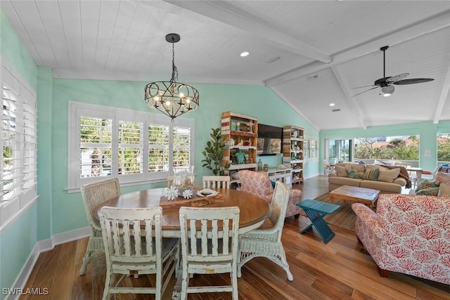 dining room with lofted ceiling with beams, plenty of natural light, and wood-type flooring