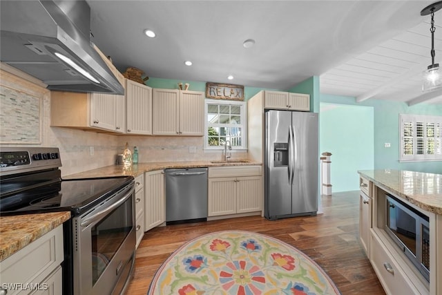 kitchen with wood-type flooring, sink, pendant lighting, stainless steel appliances, and ventilation hood