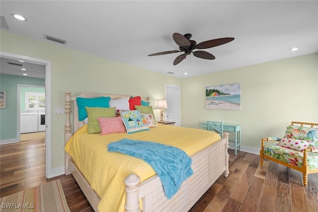 bedroom featuring ceiling fan and dark hardwood / wood-style floors