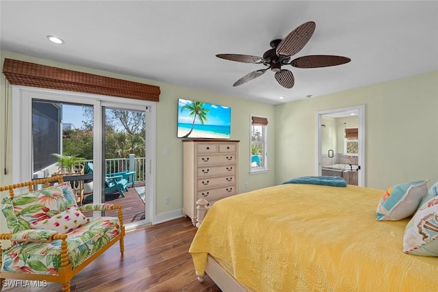 bedroom featuring hardwood / wood-style flooring, ceiling fan, access to exterior, and ensuite bathroom