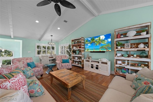 living room featuring wood-type flooring, vaulted ceiling with beams, and ceiling fan with notable chandelier