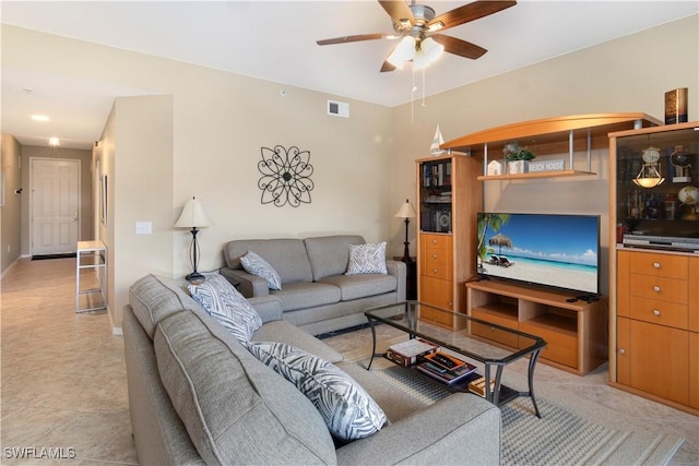 living room featuring ceiling fan