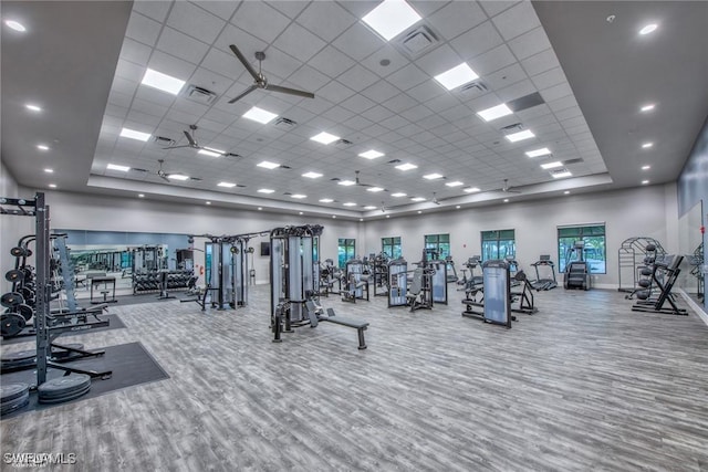 workout area featuring wood-type flooring, a drop ceiling, and a high ceiling