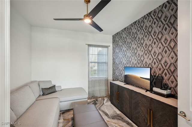 living room featuring ceiling fan