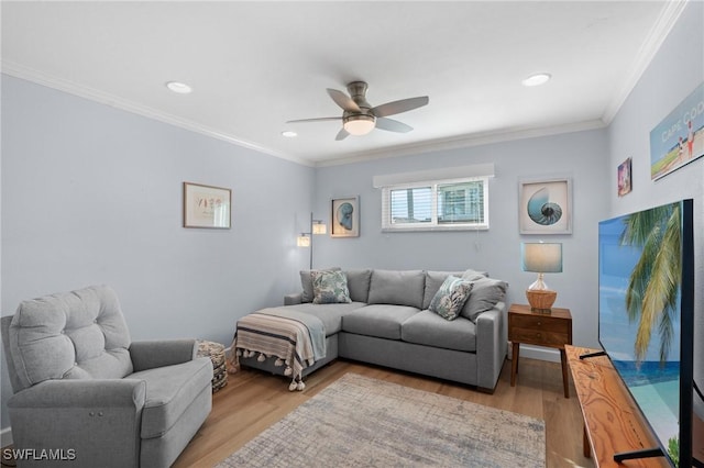 living room with crown molding, ceiling fan, and light hardwood / wood-style flooring