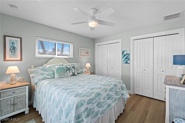 bedroom featuring multiple closets, wood-type flooring, and ceiling fan