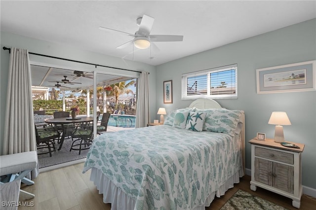 bedroom featuring wood-type flooring, access to exterior, and ceiling fan