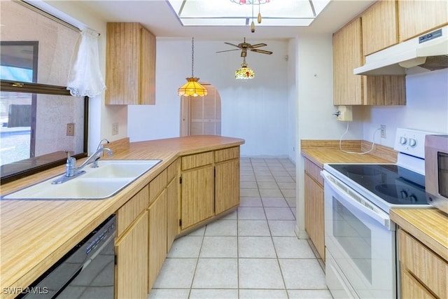 kitchen with pendant lighting, dishwasher, sink, white electric range oven, and light tile patterned floors