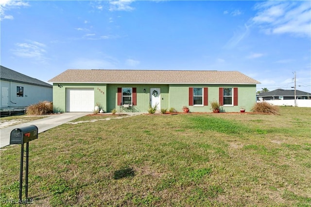 single story home with a garage and a front lawn