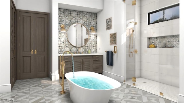 bathroom with vanity and shower with separate bathtub