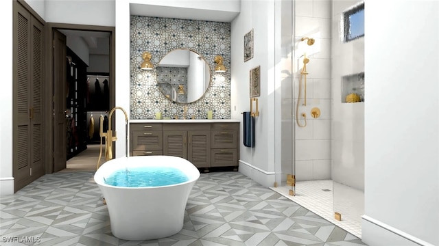 bathroom with vanity and shower with separate bathtub