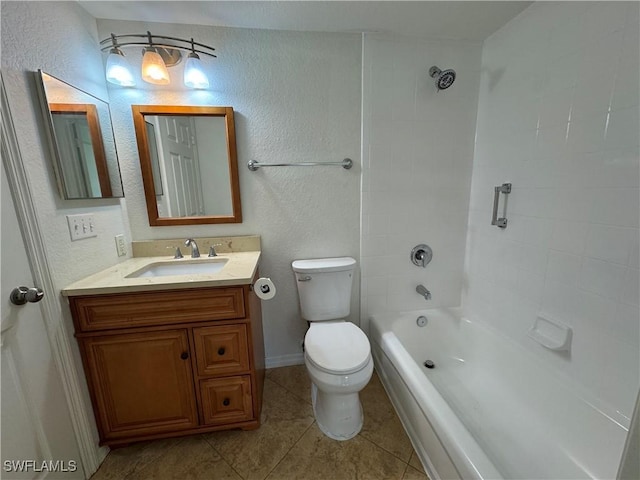 full bathroom with a textured wall, toilet, vanity, tile patterned flooring, and shower / bathtub combination