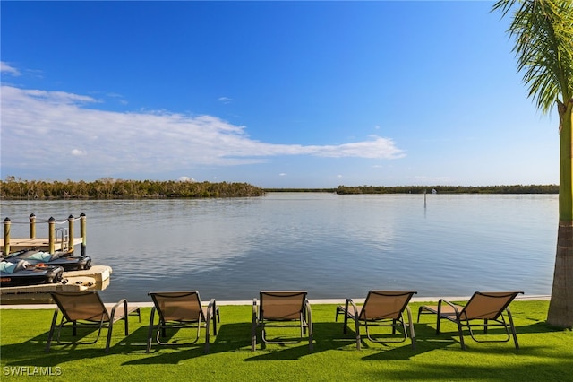 exterior space featuring a yard and a water view