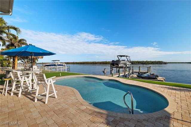 view of swimming pool with a water view and a boat dock