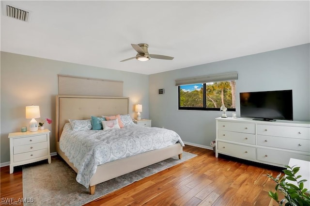 bedroom featuring ceiling fan and light wood-type flooring