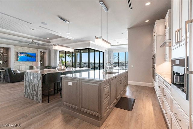 kitchen featuring light stone counters, decorative light fixtures, light hardwood / wood-style floors, a tray ceiling, and a large island with sink