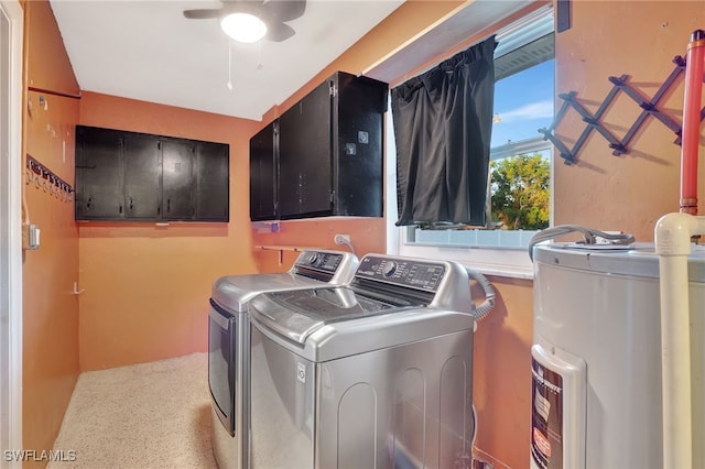 laundry room with cabinets, electric water heater, independent washer and dryer, and ceiling fan