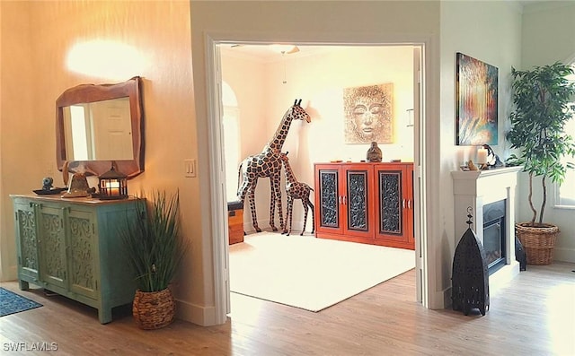 hallway featuring ornamental molding, light wood-style flooring, and baseboards