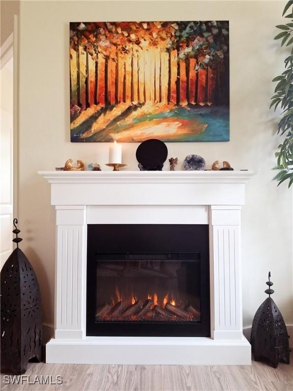 room details with a warm lit fireplace
