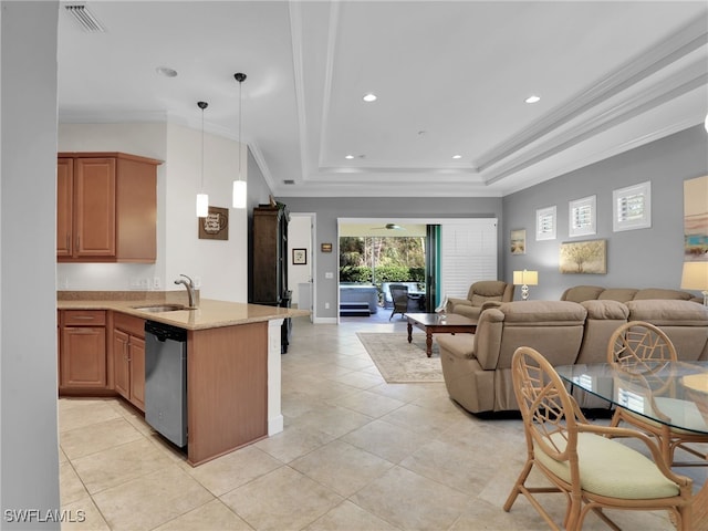 kitchen featuring crown molding, visible vents, stainless steel dishwasher, open floor plan, and a sink