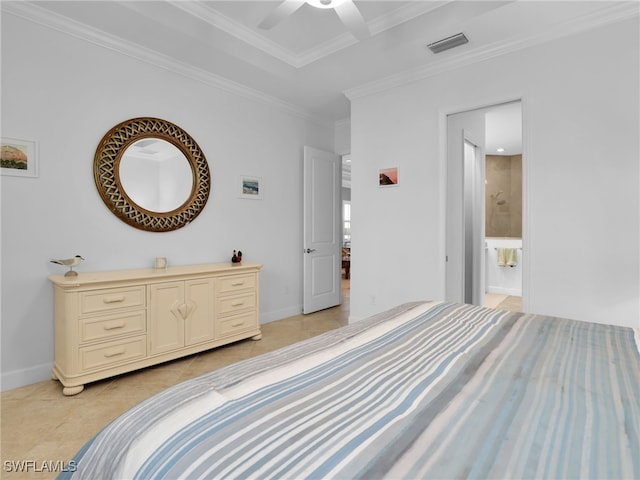 bedroom with light tile patterned floors, baseboards, visible vents, and crown molding