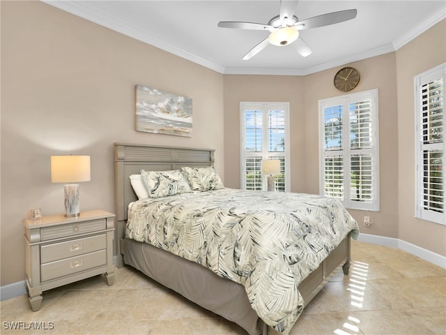 bedroom with ornamental molding, ceiling fan, baseboards, and light tile patterned floors