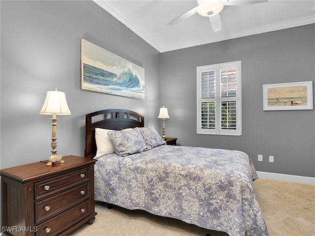 bedroom featuring ornamental molding, baseboards, and a ceiling fan