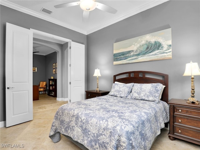 tiled bedroom featuring arched walkways, ornamental molding, visible vents, and a ceiling fan