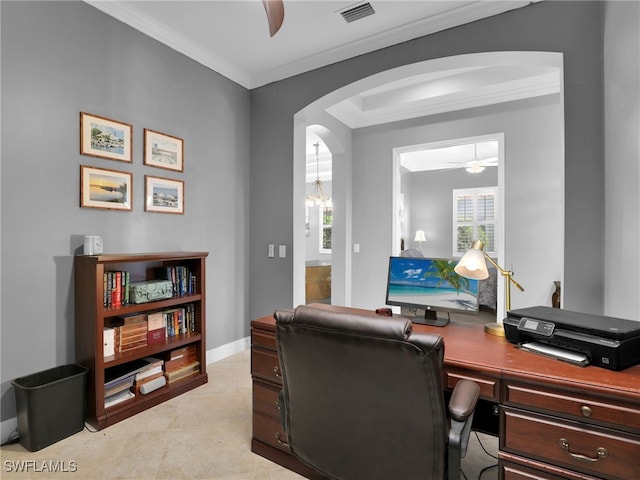 office featuring arched walkways, crown molding, visible vents, a ceiling fan, and a healthy amount of sunlight