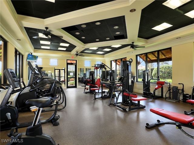 exercise room with a ceiling fan and crown molding