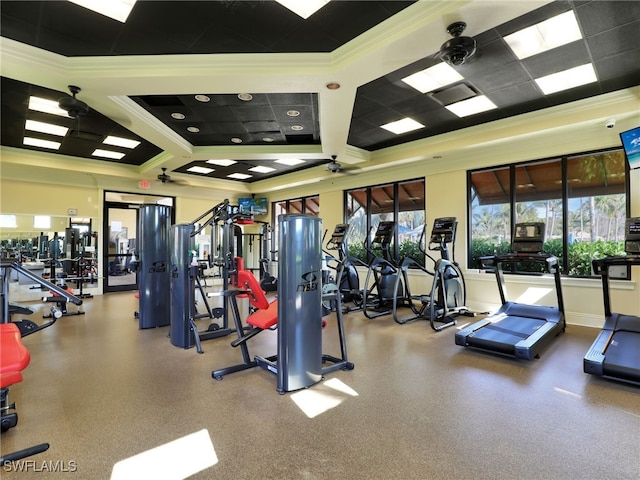 exercise room featuring a ceiling fan and crown molding