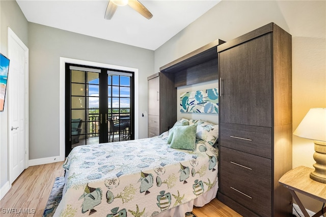 bedroom with french doors, ceiling fan, access to exterior, and light hardwood / wood-style flooring